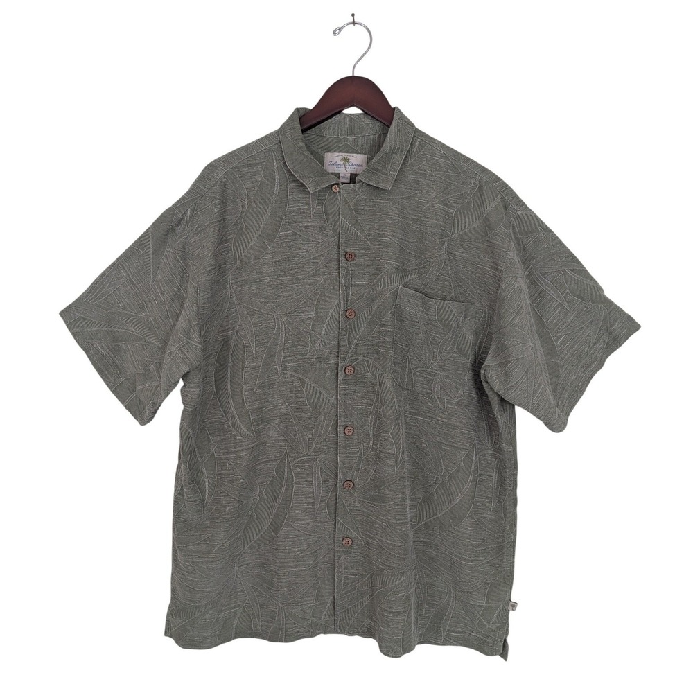 Island Shores Mens XL Washable Silk Tropical Leaf Jacquard Camp Shirt Sage Green
